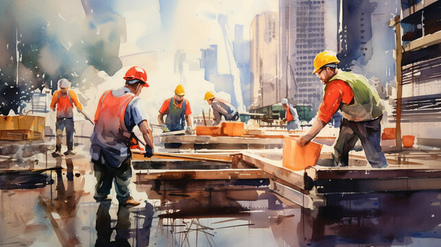 construction workers at work watercolor illustration of a group of workmen wearing safety helmets and reflective vests