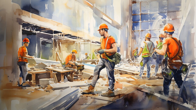 watercolor illustration of a group of workmen wearing safety helmets and reflective vests