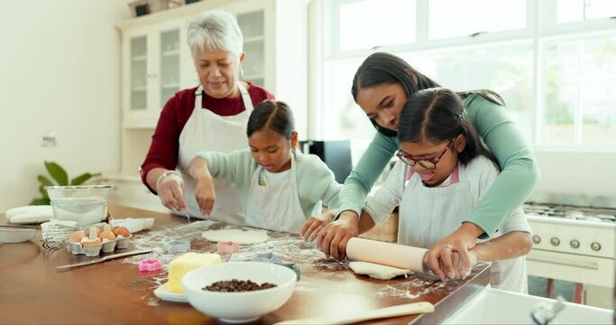Grandmother, mom and girls in a kitchen, bake and learning with ingredients, recipe and home. Mama, granny and female children with food, baking and wellness with quality time, family and happiness
