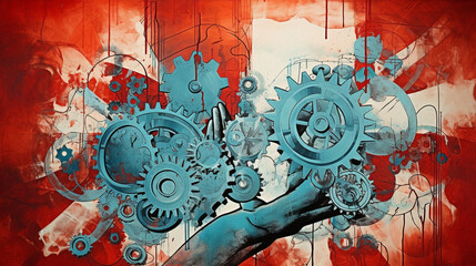 abstract image illustrating the concept of labor and its impact on society. Using symbols and metaphors, such as gears, tools, and hands