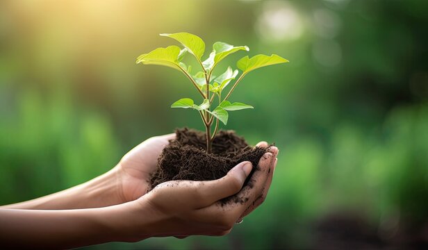Human hand holding young plant with soil on nature background, environment concept 