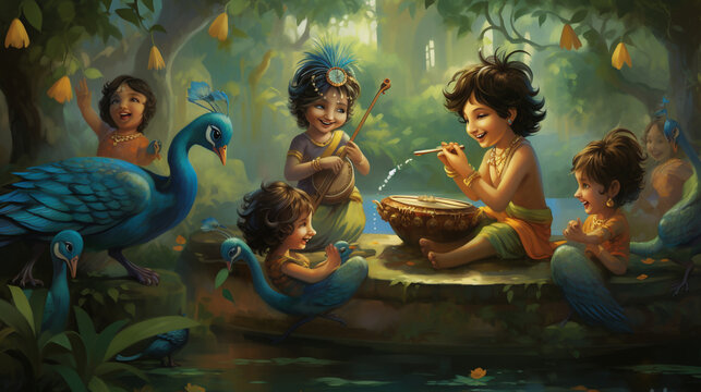 An artistic representation of Lord Krishna's childhood pastimes, with a focus on his playful interactions with pots, bansuri, and peacock feathers