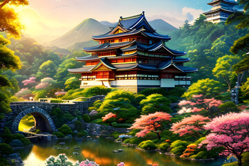 grand Japanese castle stands tall on a hill surround - obrazy, fototapety, plakaty