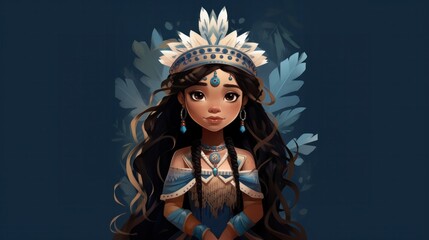 Obraz na płótnie Canvas Portrait of a beautiful American Indian woman in ancient head dress. Cartoon drawing illustration.