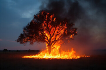 A stunning sunrise reveals the aftermath of a natural disaster, a burning tree against a vibrant sky is AI Generative.