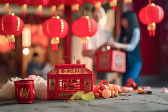 Asian Chinese Family Preparation Red Lanterns For Chinese New Year  In Front Of Their House