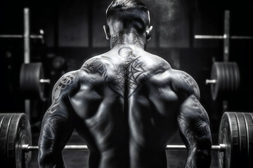 Fototapeta na wymiar Black and White Photo of a Muscular Bodybuilder Preparing to Lift Dumbbell