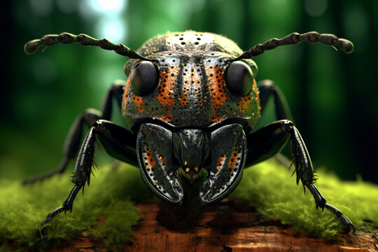 photo of Metallic Wood-boring Beetle face against green forest background