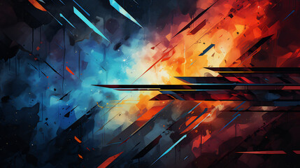 Grunge style abstract angular geometric blue, orange, and red background stock illustration