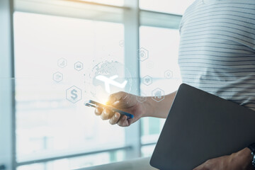 Travel insurance and business travel concept. Young man using phone with checking travel insurance.