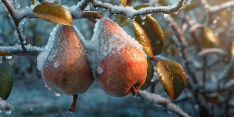 Ice storm trees and pear fruit freeze in winter, AI Generated