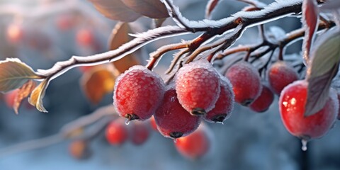 Ice storm trees and red fruit freeze in winter, AI Generated