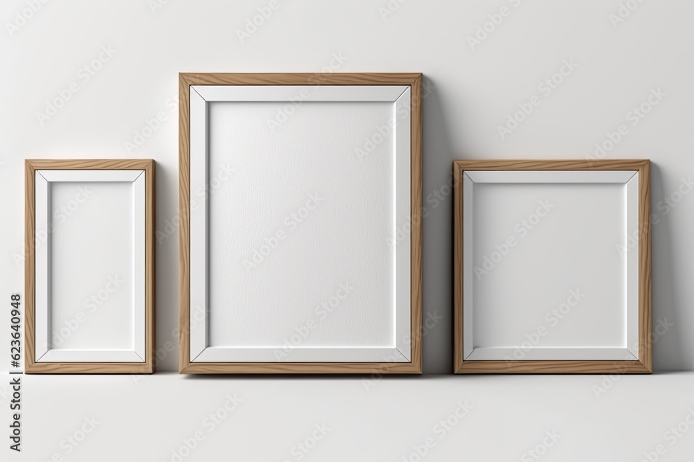 Wall mural empty wooden frames on a white wall for showcasing art or photography. generative ai