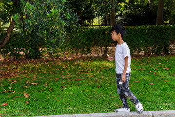 Young boy enjoying playing at the playground in the park.