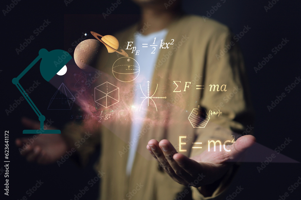 Poster a scientist is studying physics and a lamp shines and sees the equation e mc square in his hand.