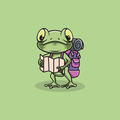 Cute frog on an adventure cartoon illustration