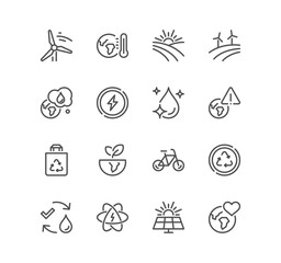 Set of eco related icons, global warming, wind turbine, recycling, sustainability, energy saving, climate change, air pollution and linear variety vectors.