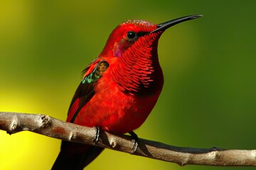 bright red bird perched on a tree branch. Generative AI