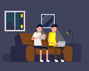 Couple sitting on couch and working, Cheerful person using home enjoying media