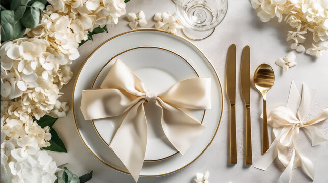 Festive wedding, birthday table setting with golden cutlery, silk ribbon, eucalyptus branches, hydrangea and white roses flowers. Blank card mockup. Restaurant menu concept. Flat lay, top view