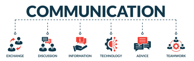 Banner of communication web vector illustration concept with icons of exchange, discussion, information, technology, advice, teamwork