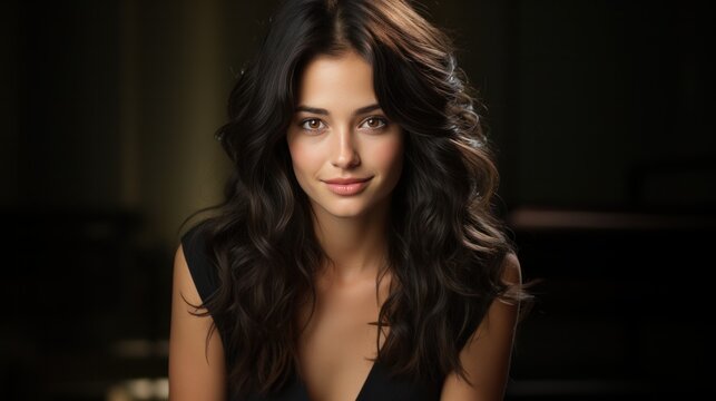 Asian woman with long straight black hair with tender eyes and a smile on her face.