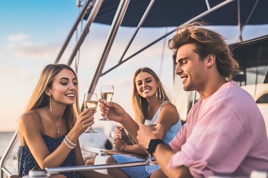Group of Caucasian man and woman friends enjoy party drinking champagne with talking together while catamaran boat sailing at summer sunset