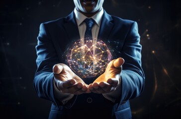 Close up of businessman hands holding global network connection concept
