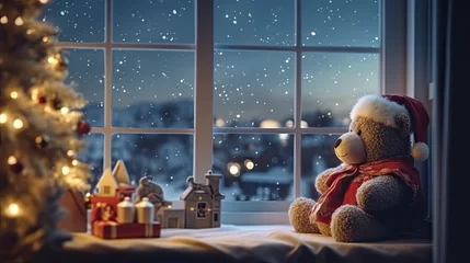 Fotobehang Cozy Christmas Haven: A Teddy Bear's Winter Wonderland © Pixel Alchemy
