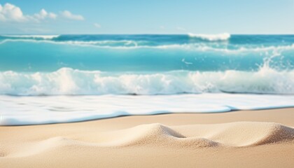 Fototapeta na wymiar Closeup of sand on beach with turquoise sea and blue sky background