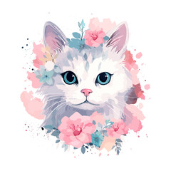 cute cat floral watercolour, TShirt Design , graphic design, Generative Ai