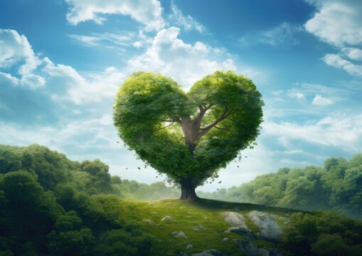 Green heart shaped tree on a hill with blue sky and clouds background - Powered by Adobe