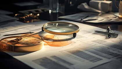 Fototapeta premium Business still life with magnifying glass and financial chart. 3d rendering