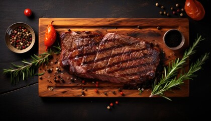 Grilled beef steak with herbs and spices on cutting board. Top view