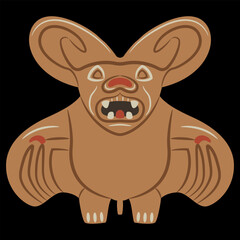 Stylized bat. Ancient Peruvian Mochica art. Native American ethnic animal design of Moche Indians. On black background.