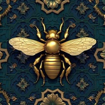 3d beautiful gold and yellow bee on a beautiful detailed yellow flowers navy blue and gold honeycomb, seamless. Ai Generated.