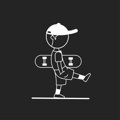 Character of boy elegant skateboard, illustration over black background