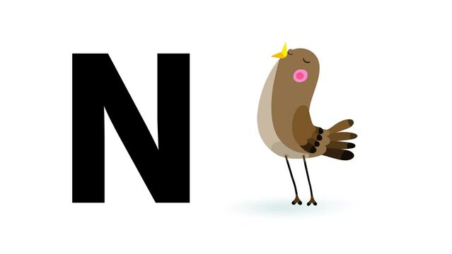 N letter big black nightingale cartoon animation. Animal night singing bird loop. Educational serie with bold style character for children. Education movies, presentation, learning alphabet, etc...