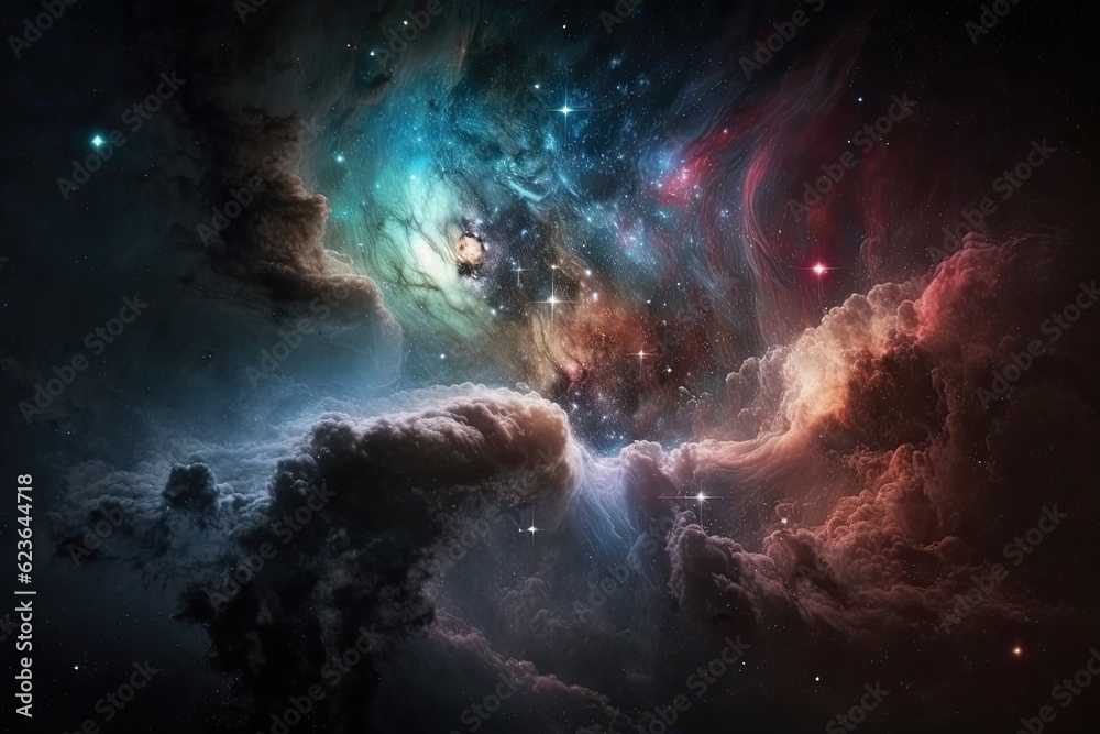 Wall mural vibrant galaxy with shining stars and fluffy clouds floating in space. generative ai