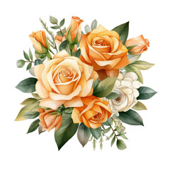 Watercolor Apricot rose wedding flower bouquet. Ai Generated