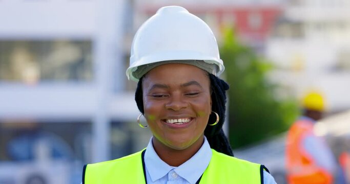Face, engineer and black woman outdoor, smile and building project with real estate, architecture and property development. Portrait, female person and architect with renovation and construction site