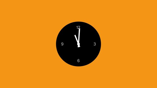 Clock icon orange screen digital clock and analog circle moving in 24 hour loop animation. Orange background 4k video.
