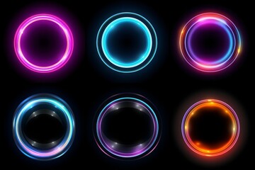 Glowing neon circles in dynamic lines on black background. Technology concept for badges, labels, and more. Generative AI
