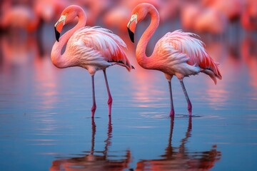 Graceful pink flamingos cast enchanting reflections, adding a touch of elegance and natural beauty to the scene. Generative AI