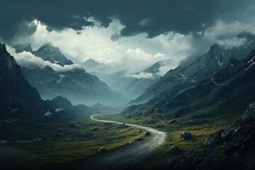 A breathtaking mountain pass unfolds with winding roads, traversing majestic peaks amidst the gusts of wind. Generative AI