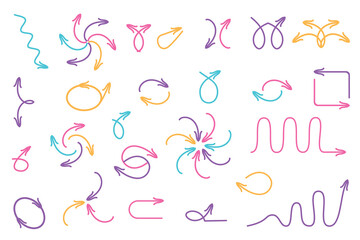 Obraz premium Colored doodle arrows set on white background blue purple pink yellow hand drawn arrows vector collection