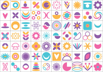 Obraz premium Retro colored geometric shapes primitive vector elements set pink yellow purple blue brutalist bauhaus minimal swiss design y2k collection