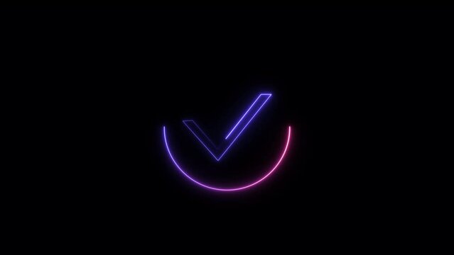 Abstract blue color neon light glowing check mark icon blue and pink circle animation. Check mark symbol black background 4k video.
