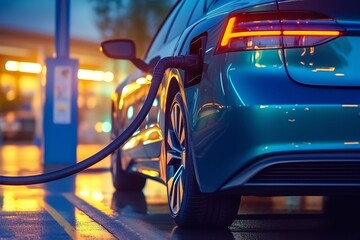Fototapeta premium close up electric car charging at a station