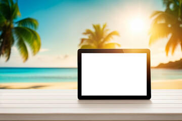 Tablet pc with beach, sea and palm trees on the background mockup
